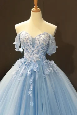 Blue Off the Shoulder Tulle Quinceanera Dresses with Appliques