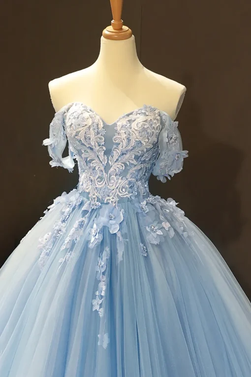 Blue Off the Shoulder Tulle Quinceanera Dresses with Appliques