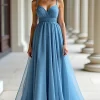 Blue Organza Spaghetti Straps A Line Ruched Prom Dress