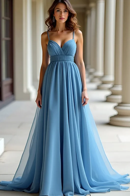 Blue Organza Spaghetti Straps A Line Ruched Prom Dress