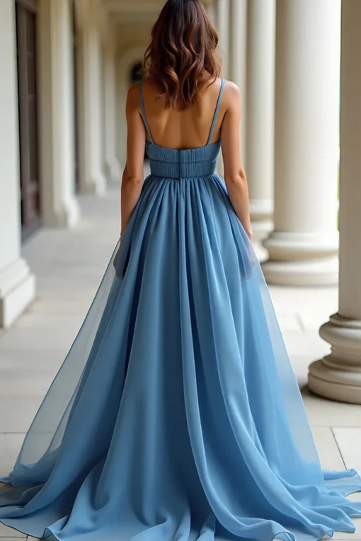 Blue Organza Spaghetti Straps A Line Ruched Prom Dress