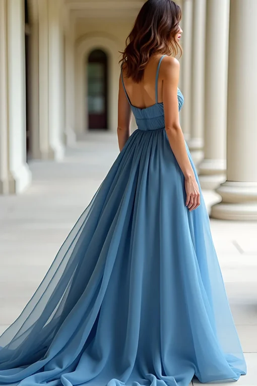Blue Organza Spaghetti Straps A Line Ruched Prom Dress