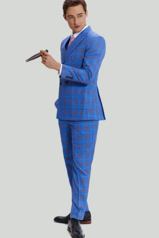 Blue Plaid Men's 3 Piece Tuxedo Suits
