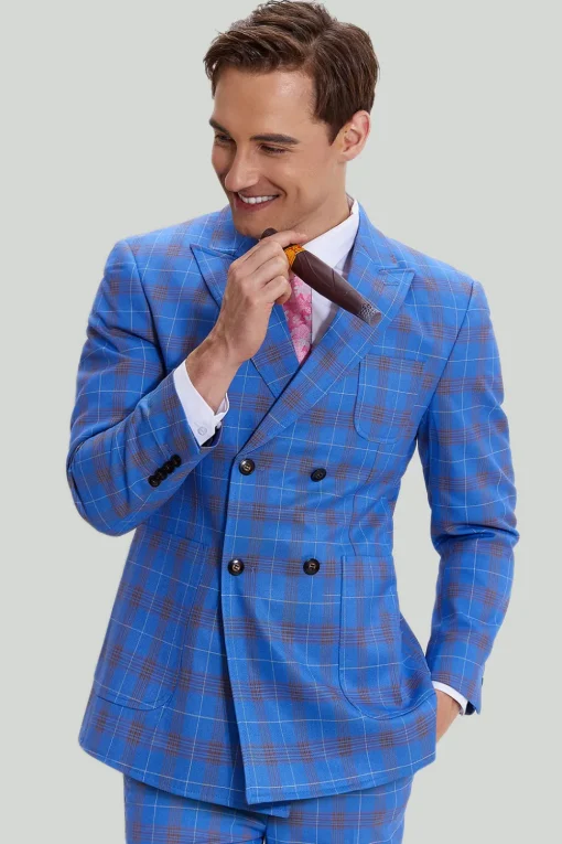 Blue Plaid Men's 3 Piece Tuxedo Suits