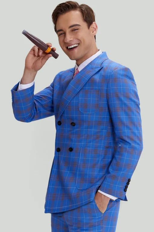 Blue Plaid Men's 3 Piece Tuxedo Suits