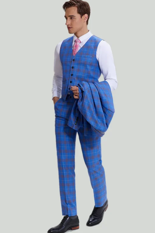 Blue Plaid Men's 3 Piece Tuxedo Suits