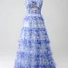 Blue Printed A Line Tiered Hollow-out Long Prom Dress