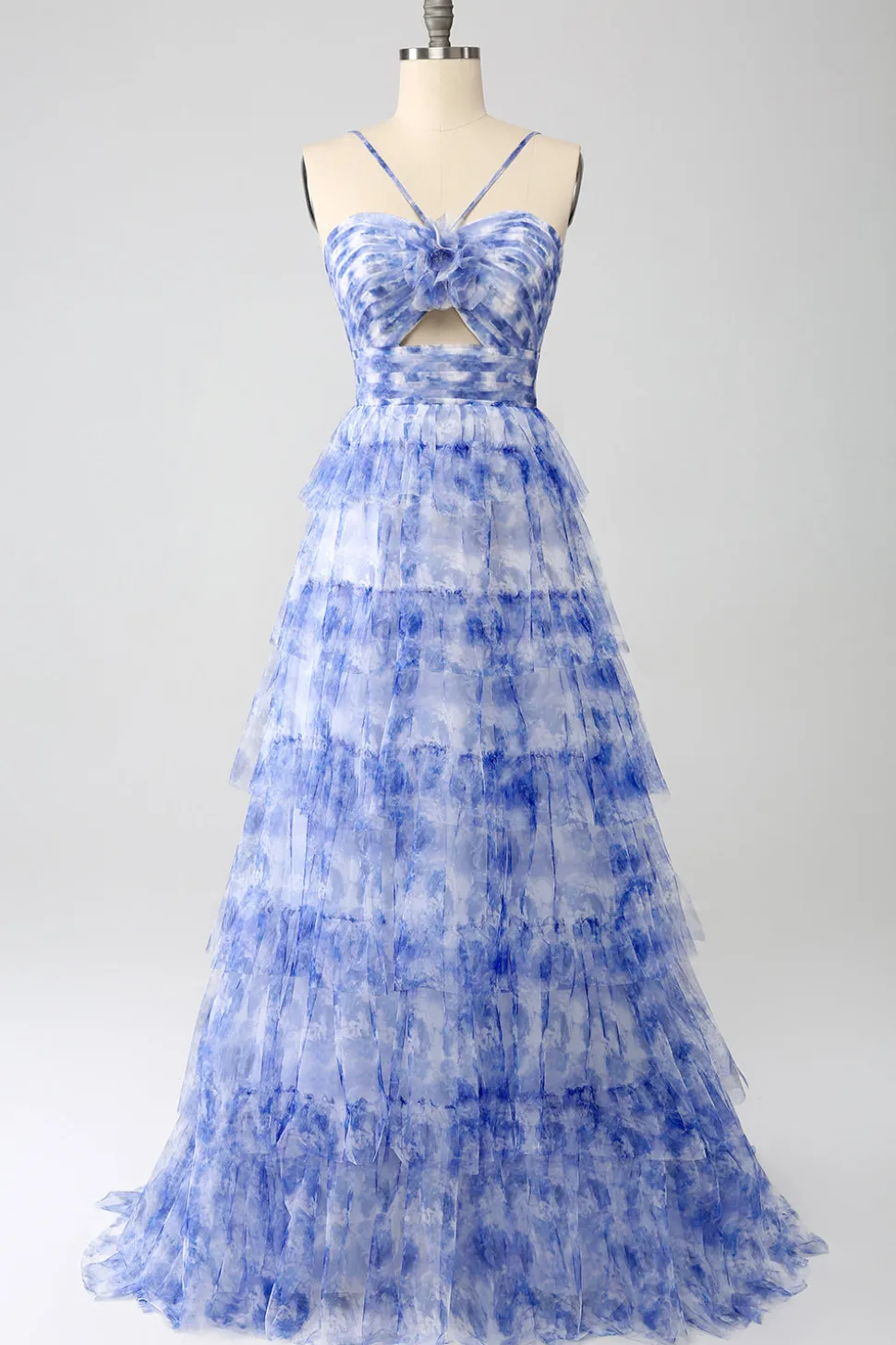 Blue Printed A Line Tiered Hollow-out Long Prom Dress