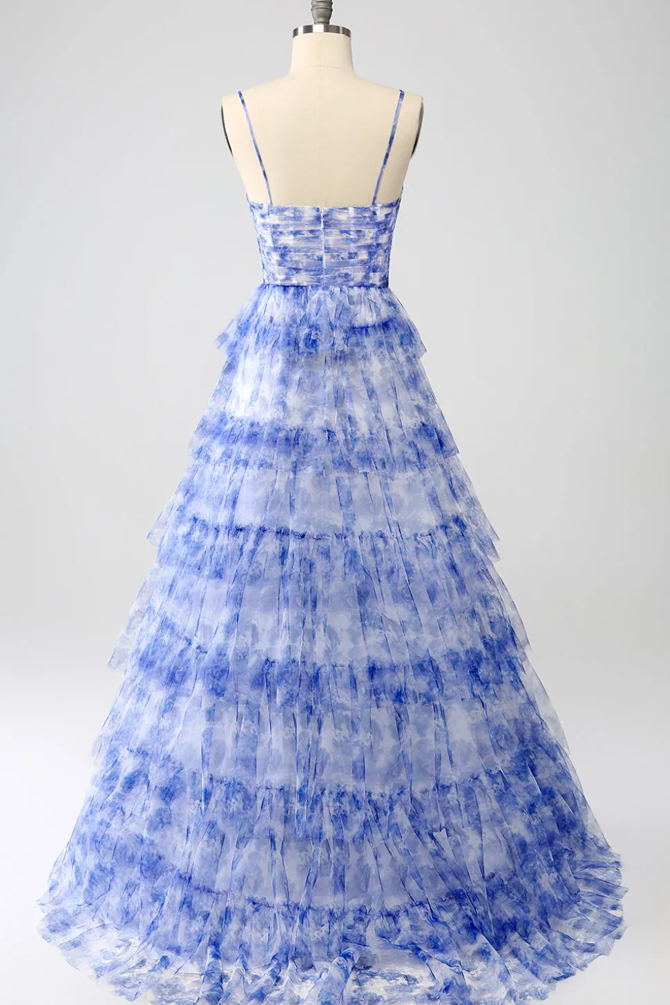 Blue Printed A Line Tiered Hollow-out Long Prom Dress