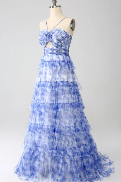 Blue Printed A Line Tiered Hollow-out Long Prom Dress