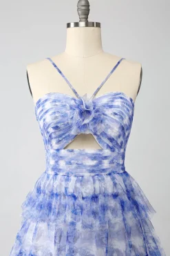Blue Printed A Line Tiered Hollow-out Long Prom Dress