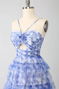Blue Printed A Line Tiered Hollow-out Long Prom Dress