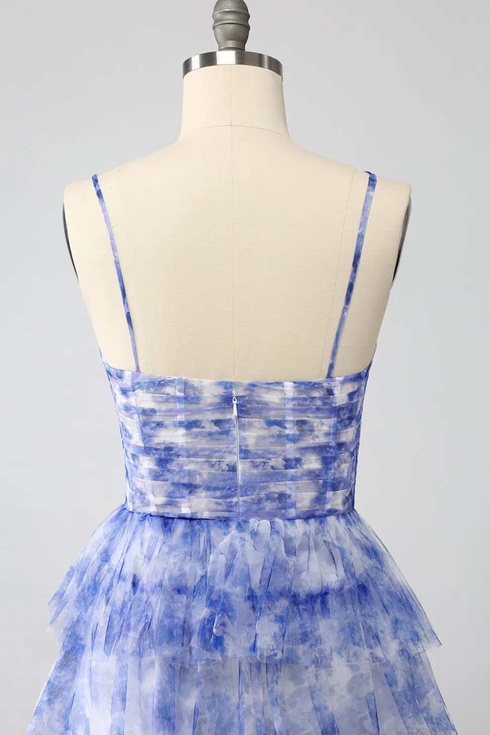 Blue Printed A Line Tiered Hollow-out Long Prom Dress