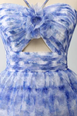 Blue Printed A Line Tiered Hollow-out Long Prom Dress