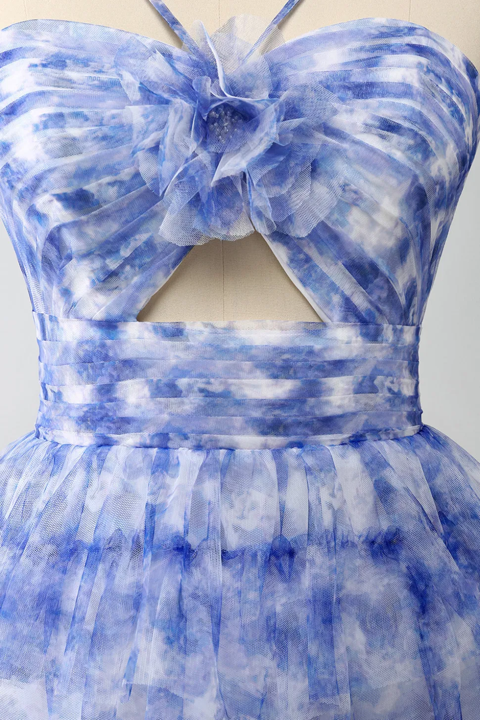 Blue Printed A Line Tiered Hollow-out Long Prom Dress