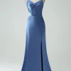 Blue Satin Spaghetti Straps Long Prom Dress with Slit