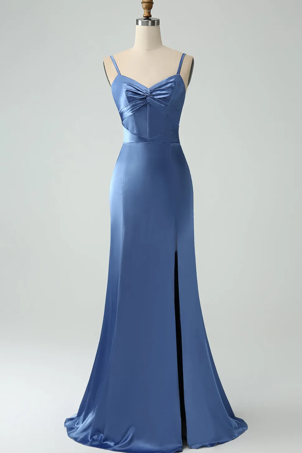 Blue Satin Spaghetti Straps Long Prom Dress with Slit