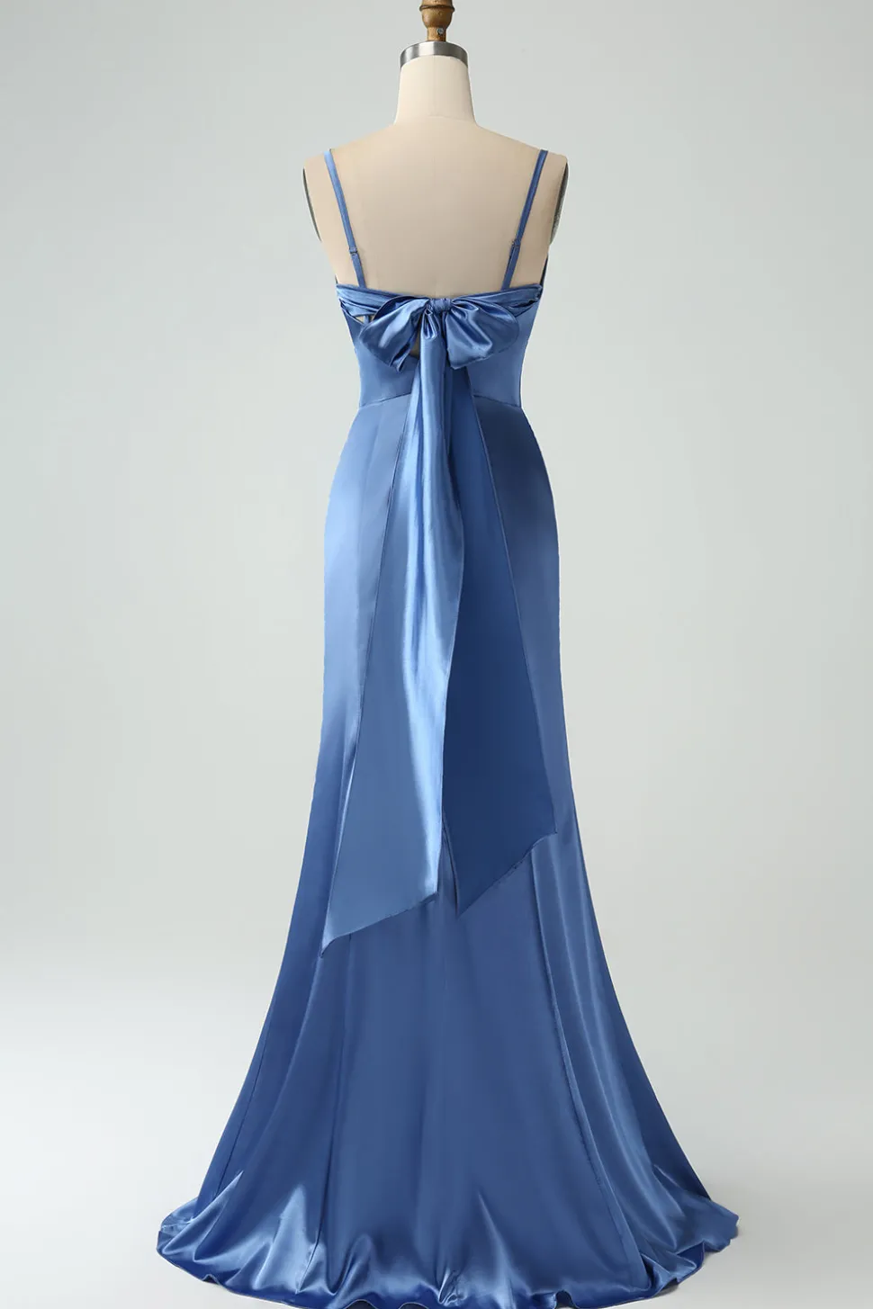 Blue Satin Spaghetti Straps Long Prom Dress with Slit
