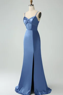 Blue Satin Spaghetti Straps Long Prom Dress with Slit