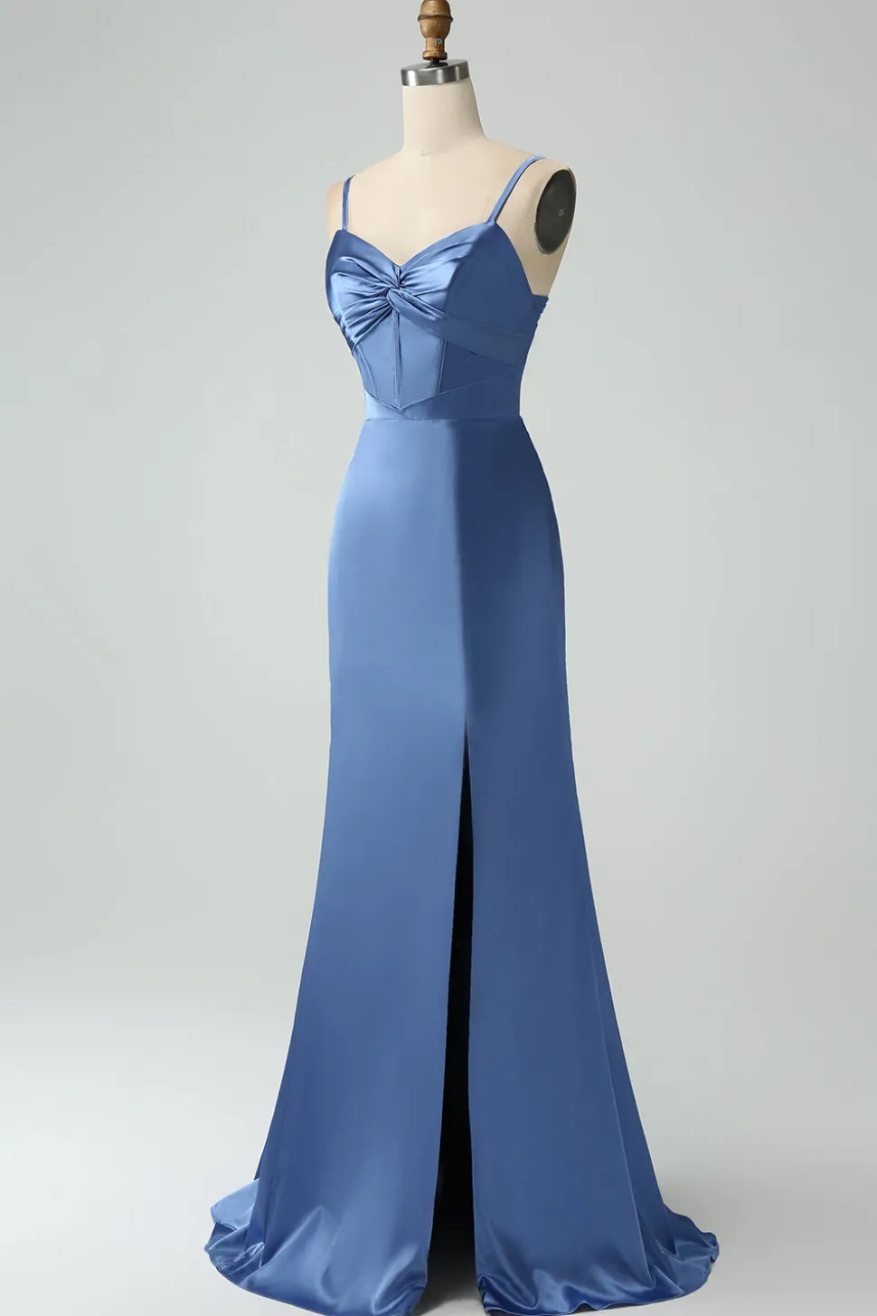 Blue Satin Spaghetti Straps Long Prom Dress with Slit