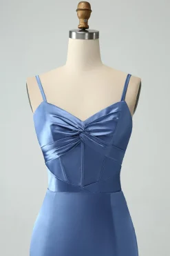 Blue Satin Spaghetti Straps Long Prom Dress with Slit