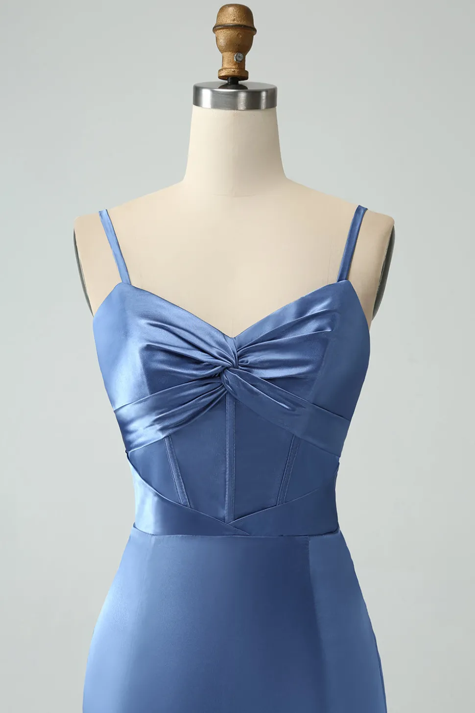 Blue Satin Spaghetti Straps Long Prom Dress with Slit