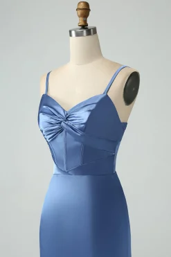 Blue Satin Spaghetti Straps Long Prom Dress with Slit