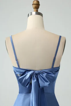 Blue Satin Spaghetti Straps Long Prom Dress with Slit