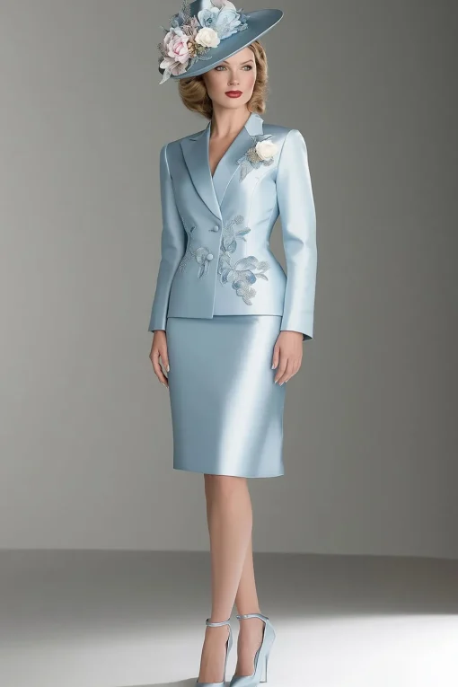 Blue Satin V-Neck Long Sleeves 2 pieces Mother Of The Bride Dress