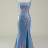Blue Spaghetti Straps Glitter Mermaid Prom Dress with Slit