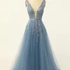 Blue Tulle A Line Prom Dress with Appliques