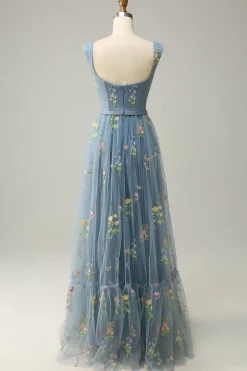 Blue Tulle A Line Prom Dress with Embroidered