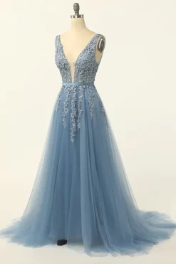 Blue Tulle A Line Prom Dress with Appliques