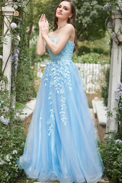 Blue Tulle A Line Prom Dress with Appliques