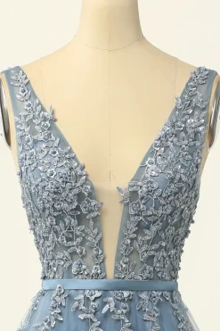 Blue Tulle A Line Prom Dress with Appliques