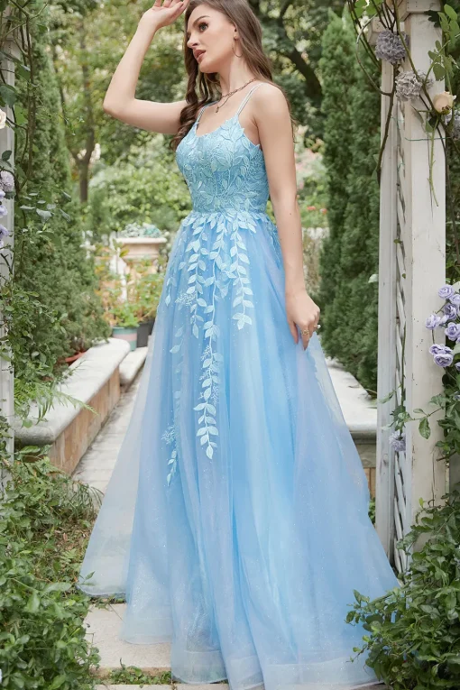 Blue Tulle A Line Prom Dress with Appliques