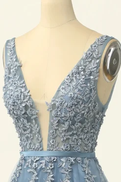 Blue Tulle A Line Prom Dress with Appliques