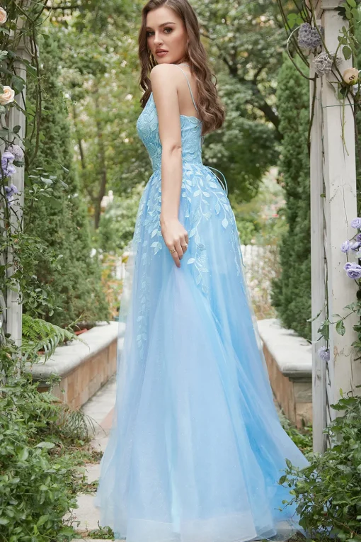 Blue Tulle A Line Prom Dress with Appliques