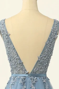 Blue Tulle A Line Prom Dress with Appliques