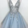 Blue V Neck Short Prom Dress With Beadings