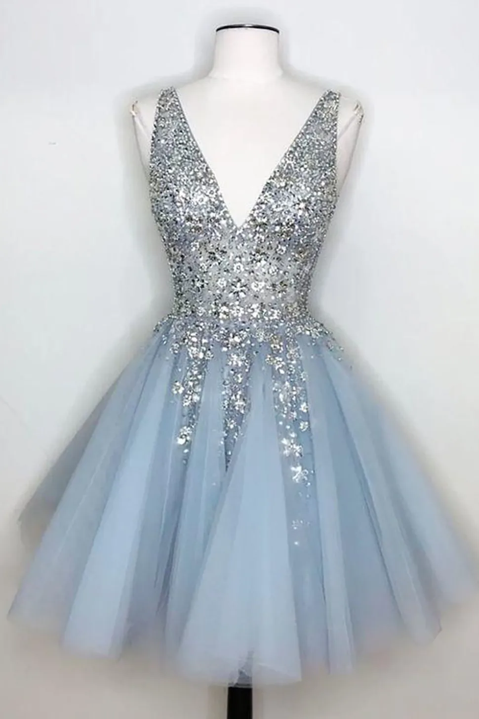Blue V Neck Short Prom Dress With Beadings