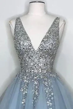 Blue V Neck Short Prom Dress With Beadings