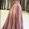 Blush Satin A-line Simple Prom Dress with Slit