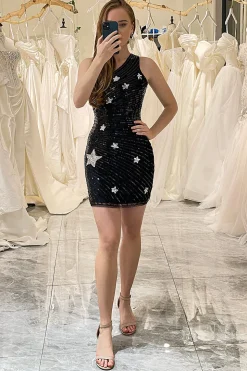 Bodycon Black Sequined One Shoulder Glitter Party Dress