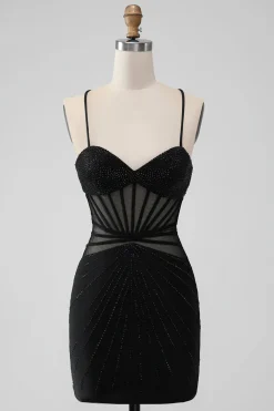 Bodycon Corset Short Black Graduation Dress with Beading