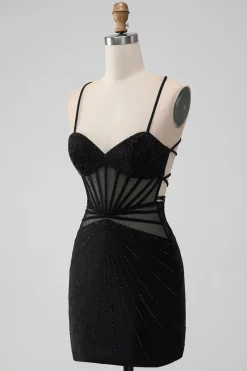 Bodycon Corset Short Black Graduation Dress with Beading
