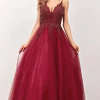 Burgundy Beaded Long Prom Dress