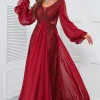 Burgundy Beaded Long Prom Dress with Lace
