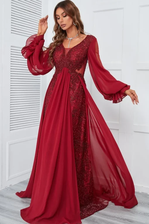 Burgundy Beaded Long Prom Dress with Lace