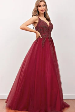 Burgundy Beaded Long Prom Dress